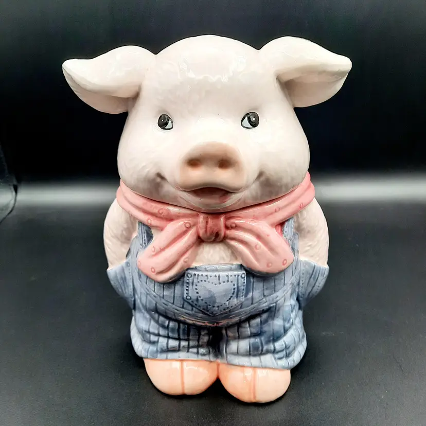 Vintage Farmer Pig Cookie Jar Overalls Bandana Ceramic