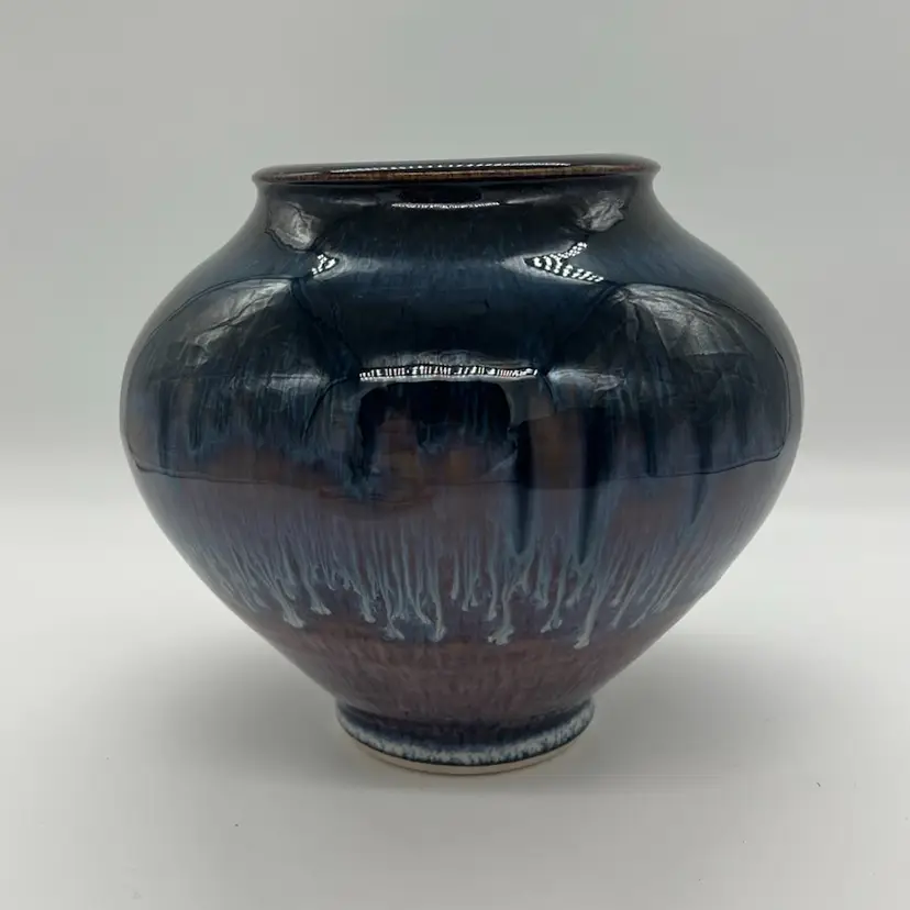 Vintage Bill Campbell Pottery Vase Flambeaux Glaze Purple Blue Brown Drip Glaze 7”