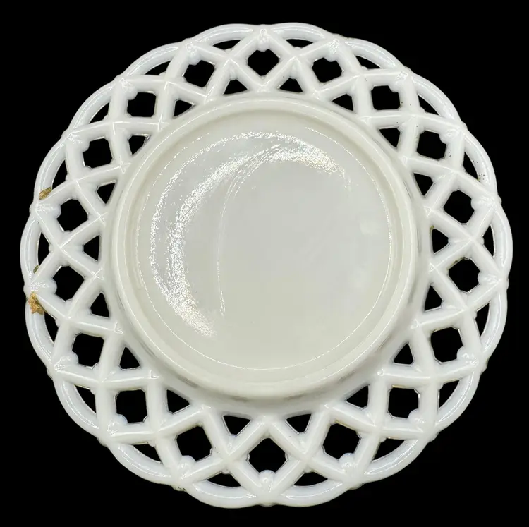 Vintage Westmoreland Milk Glass Plate Painted Gold Forget Me Nots Lattice Edge
