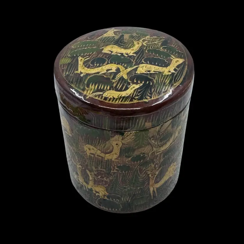 Vintage Kashmiri papier-mâché lacquer box with hand-painted deer and foliage.