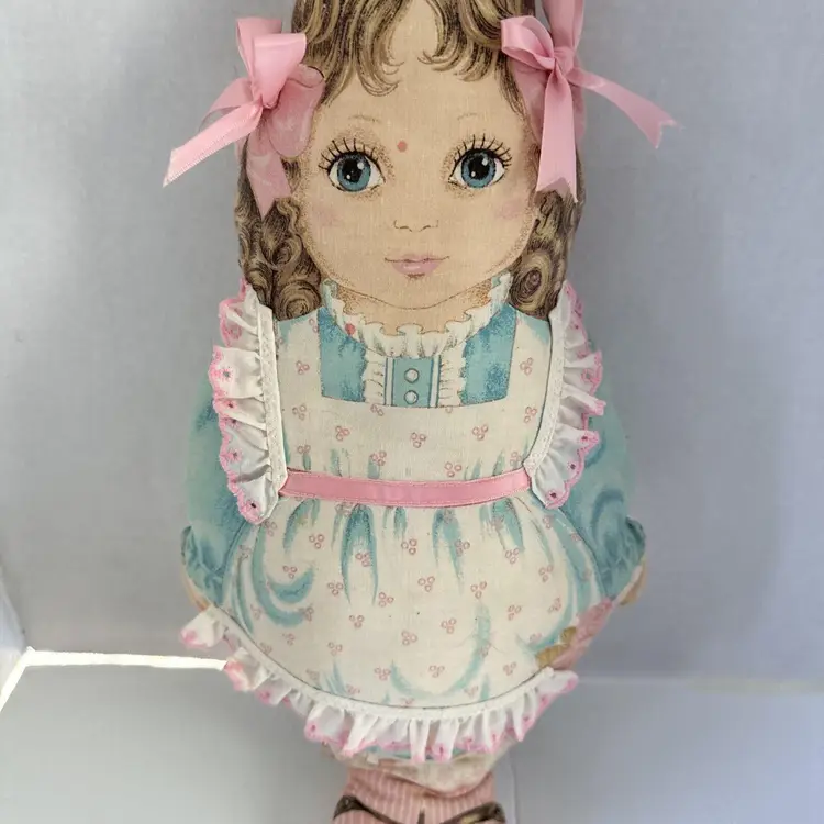 VTG Cloth Doll Pillow Completed Pink Blue White Blond Hair Ribbons Ruffles