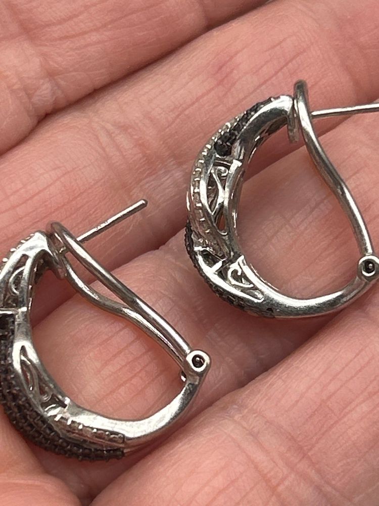 Sterling Silver 925 Black & White Diamond Accent Swirl Earrings – Wave Design, Leverback Closure