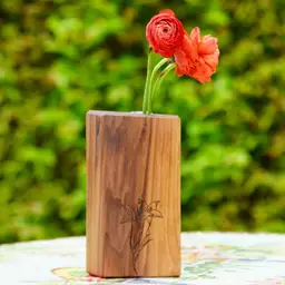 Handcrafted Walnut Wood Vase with Floral Engraving