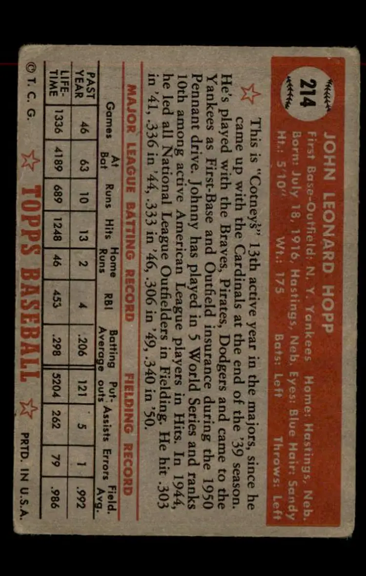 1952 Topps #214 Johnny Hopp - (pk-tl1) - New York Yankees