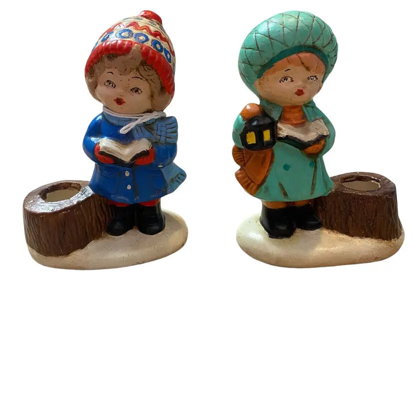 Vintage Hand painted Carolers Candle Holders Signed