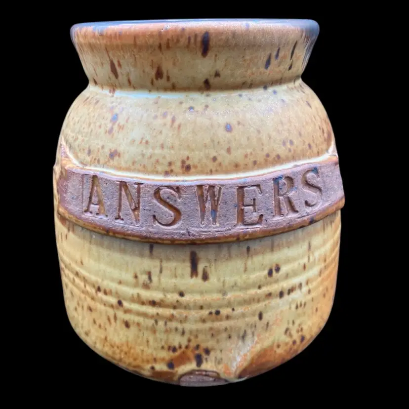 Handmade Pottery Stoneware Jar, "Answers", Signed by Artist, 5.25"
