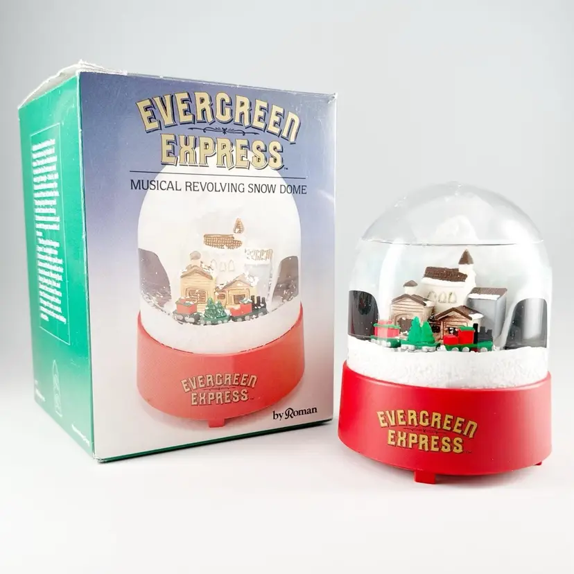 Vintage Roman "Evergreen Express" Musical Christmas Train Revolving Snow Dome - SEE VIDEO