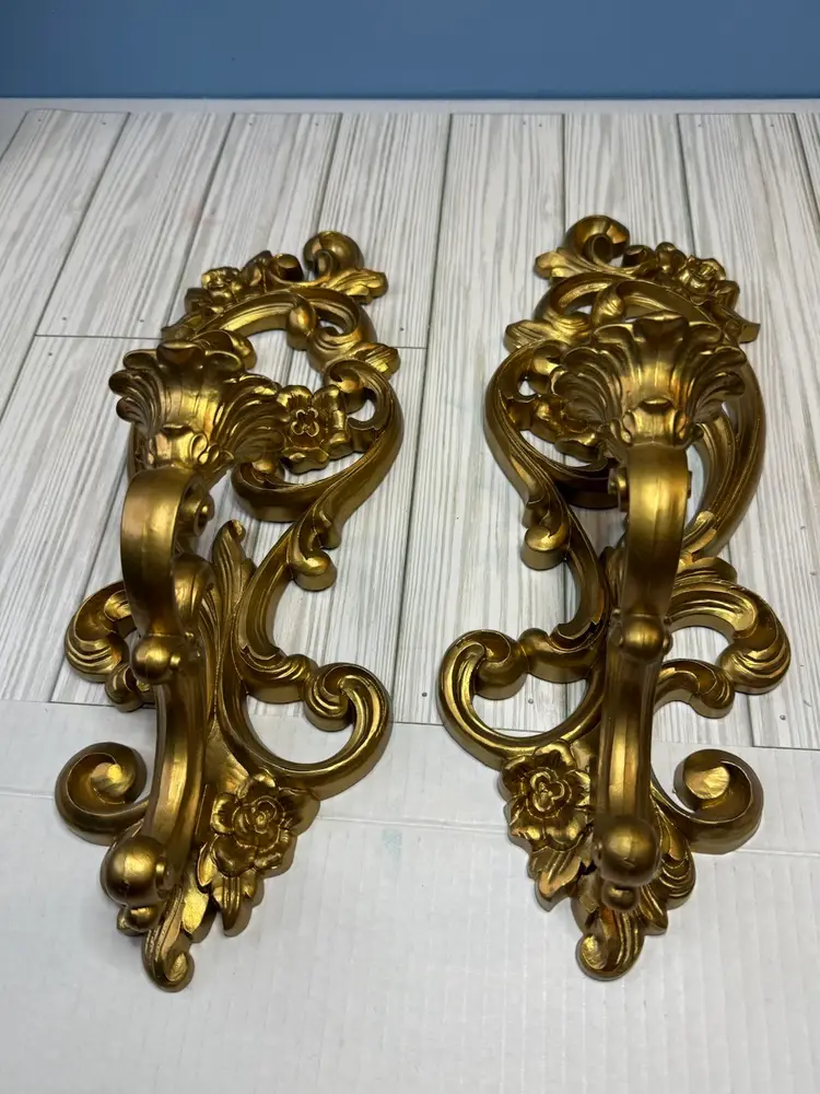 Clearance- Vintage Pair - Homco Gold Candle Sconces Marked 1971 (Syroco Like Material)