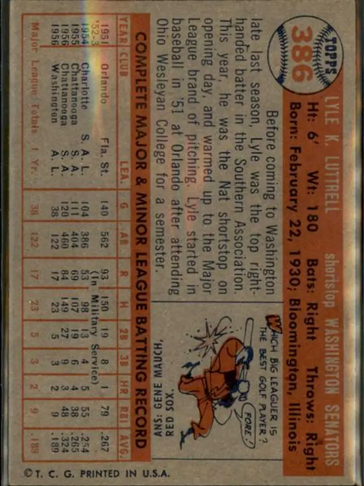 1957 Topps #386 Lyle Luttrell - ( pk1 ) - Washington Senators