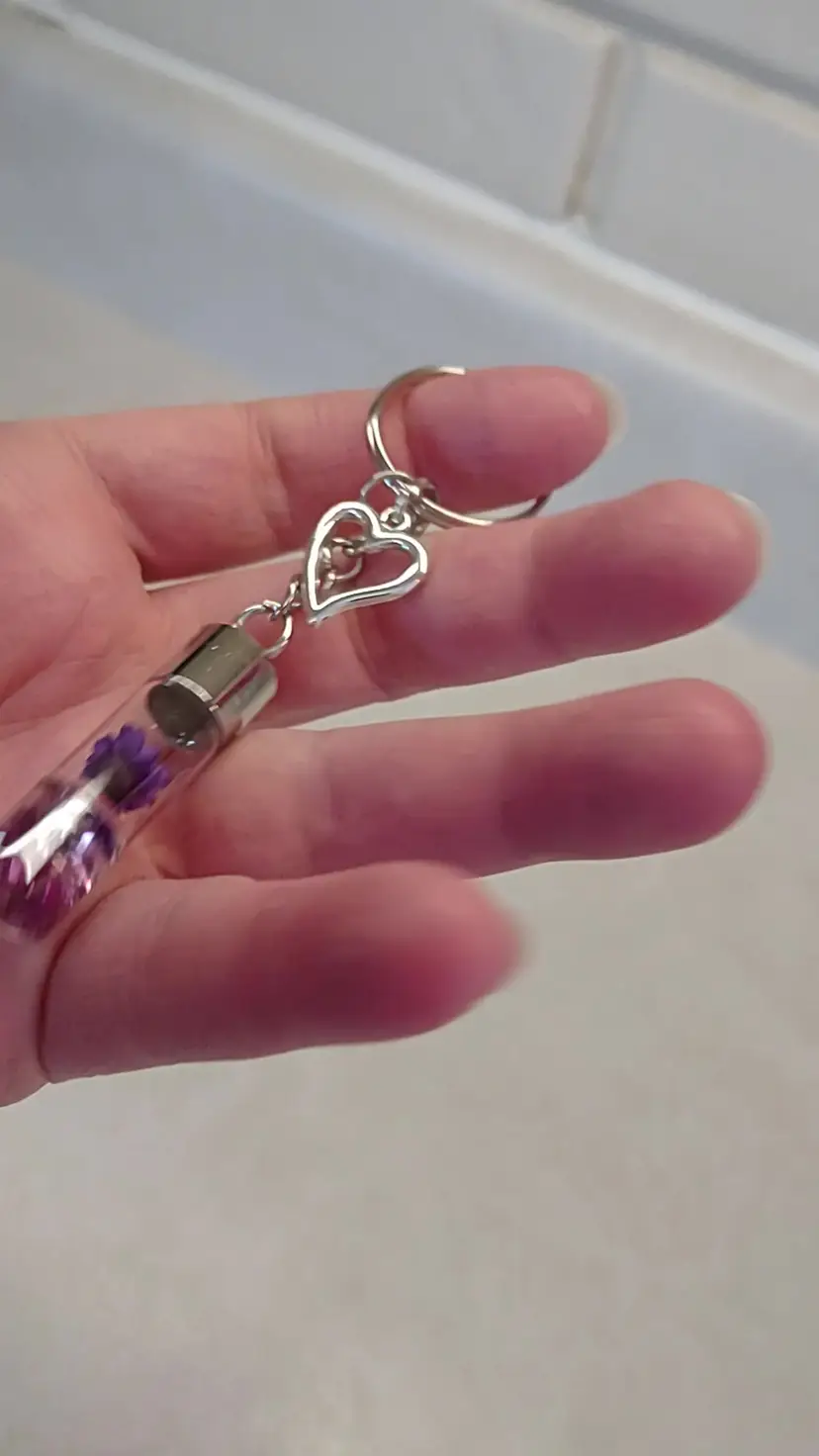 PURPLE FLOWER & FAIRY DUST HEART DANGLE GLASS BOTTLE STAINLESS STEEL KEYCHAIN