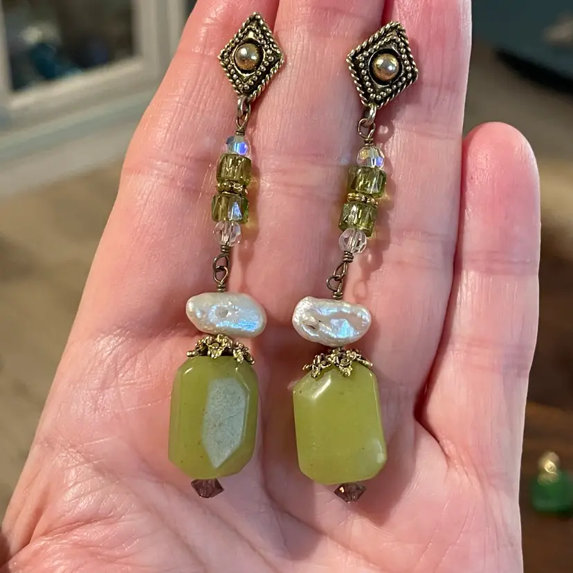 Nephrite Jade, Baroque Pearl, and Glass 3”Post Back Earrings