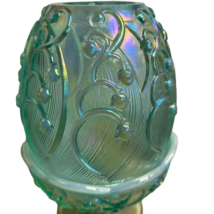 FENTON GLASS Mint Green OPALESCENT "LILY OF THE VALLEY" FAIRY LAMP 2 pc 7.5"