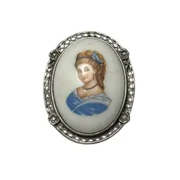 Cameo Brooch Pendant - Transferware Lady In Blue, Intricate Sterling Filigree & Flower Accents - 2.25”