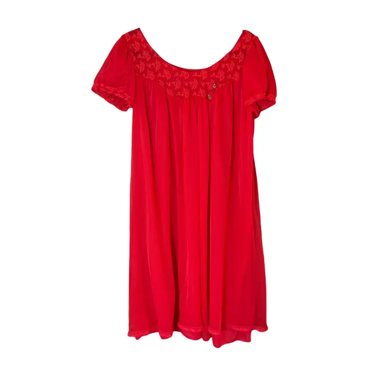 Vintage Pink Red Babydoll Nightgown Lingerie Lace Roses Nylon Valentines Sz S