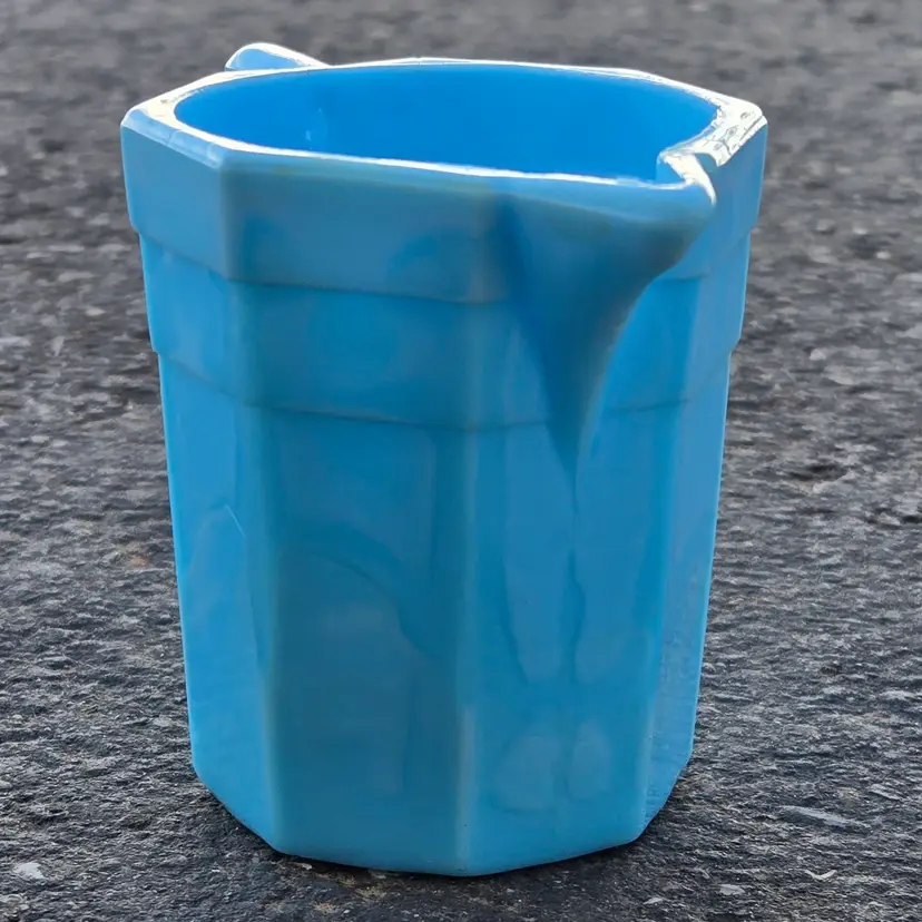 Art Slag Agate Glass Child's Pitcher Light Blue 2⅞" Tall 1940's era Unreadable Logo Vintage