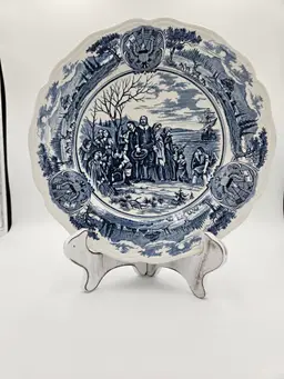 #TR34 J&G Meakins America Hurrah Ironstone Blue & White Plate