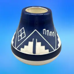 Native American Pottery Vase Navy Blue Signed 4.5”