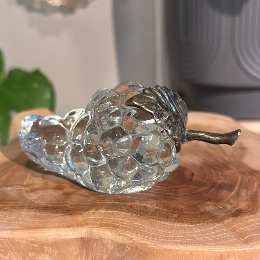 Repaired!!! Glass Grapes With Brass Stem And Leaves