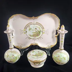 RARE 7 pc Pink Porcelain Vanity Set by Ardalt Tray Powder Perfumes Hand Painted Lenwile China Cherub Grecian Woman Medallion