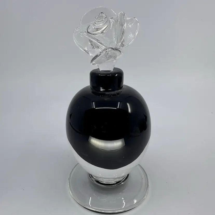 Black Glass Perfume Bottle With Floral Stopper Signed Bristow