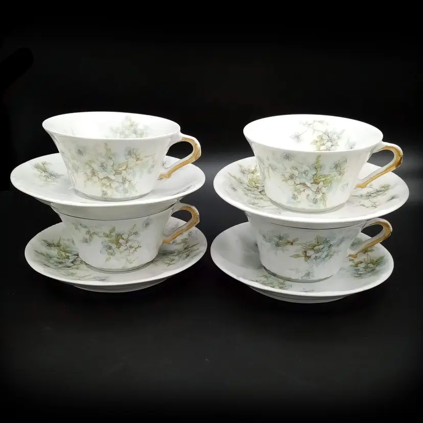 Antique Haviland Limoges 8 Piece Blue Floral Cup & Saucer Set, France