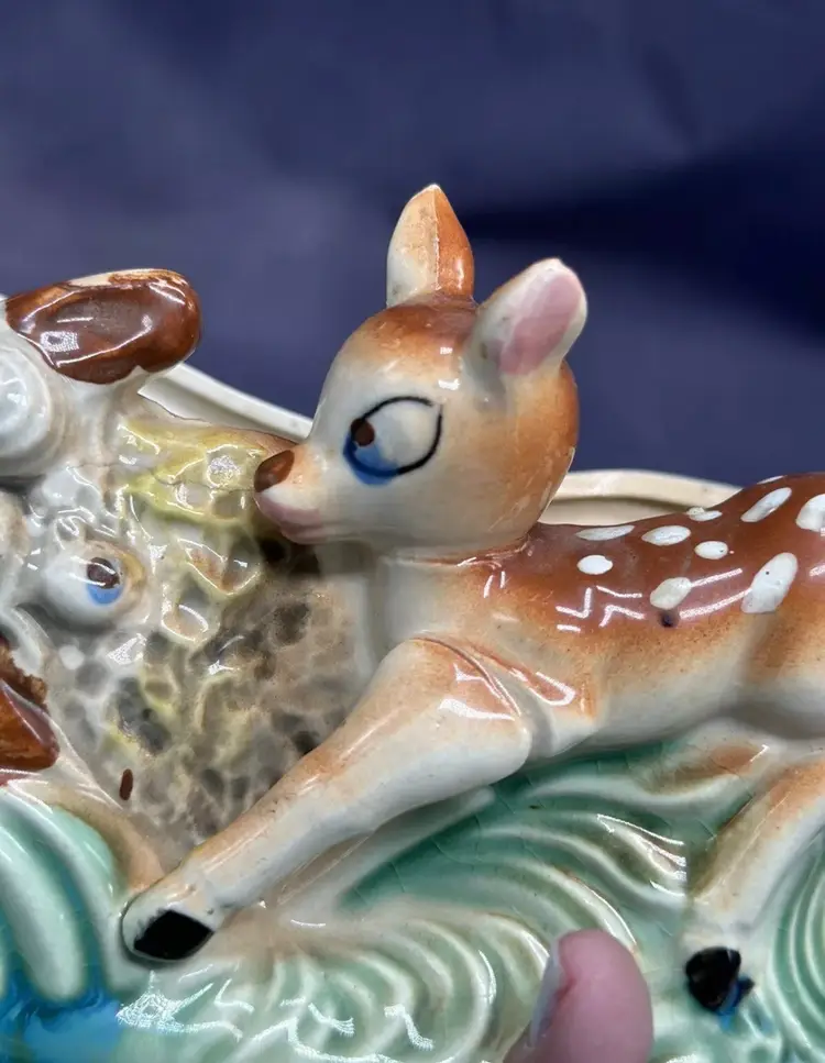 Vintage Bambi Deer & Squirrel Kitsch Friends Ceramic Planter Kitschy Adorable