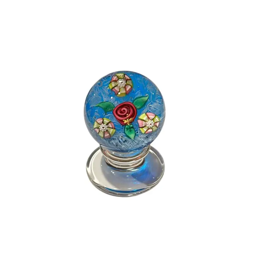 Charles Kaziun Jr. Miniature Art Glass Pedestal Paperweight - Red Rose, Gold Foil Bee, Canes With Heart Centers - Museum Piece  - 2”