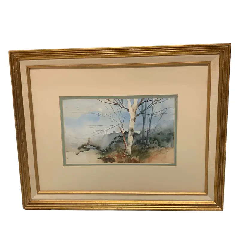 Vintage Watercolor Landscape Woods Birch Tree Painting Artist Signed 14.5 X 18.5