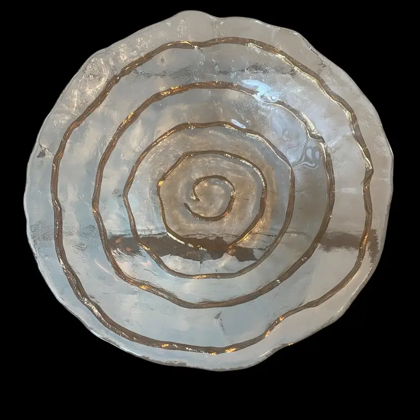 Thick Textured Art Glass Flat Bowl Bright Gold Rings Italy Vintage