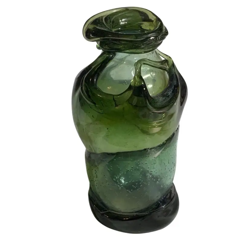 #0012. Green  Hand Blown Recycled Art Glass Bud Vase 6.5” Tall And 3” Diameter At Widest Marked By Maker