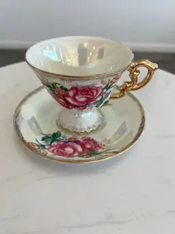 Vintage Iridescent Rose Teacup Saucer Set Footed Gold Trim Lusterware