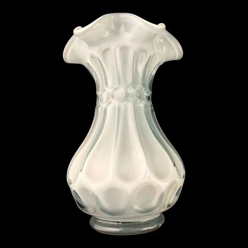 Fenton Glass Flute and Dot Blue Gray Overlay Vase 5.5”