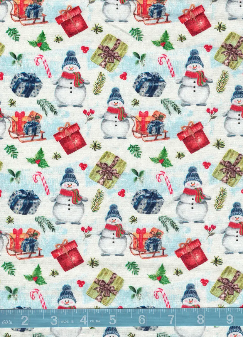Christmas Snowman Cotton Quilt Fabric by the Yard – Holiday Snowman & Presents Quilting Fabric – Winter Sewing Fabric for Christmas Crafts (100% Cotton)