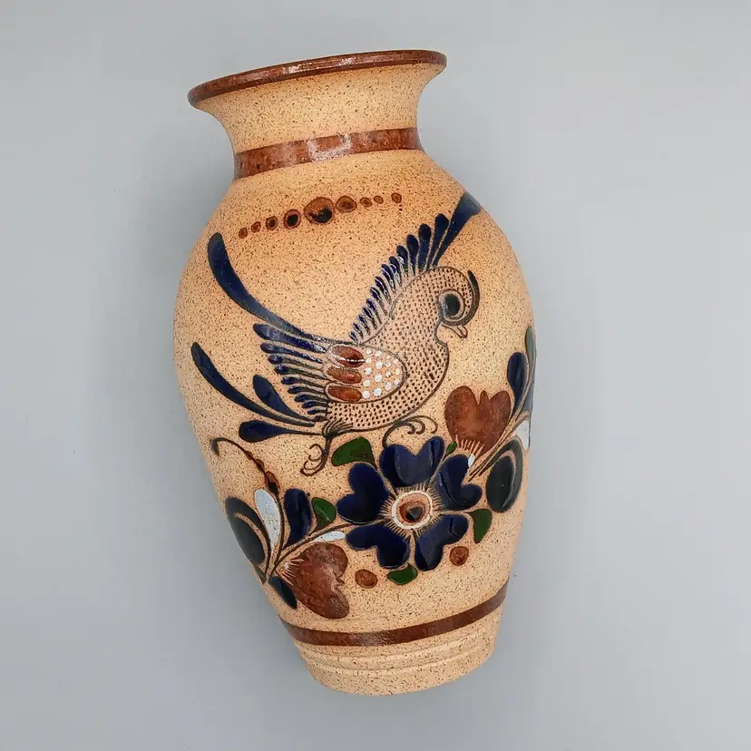 Tonala Folk Art Sandstone Vase, Signed LS, 8"