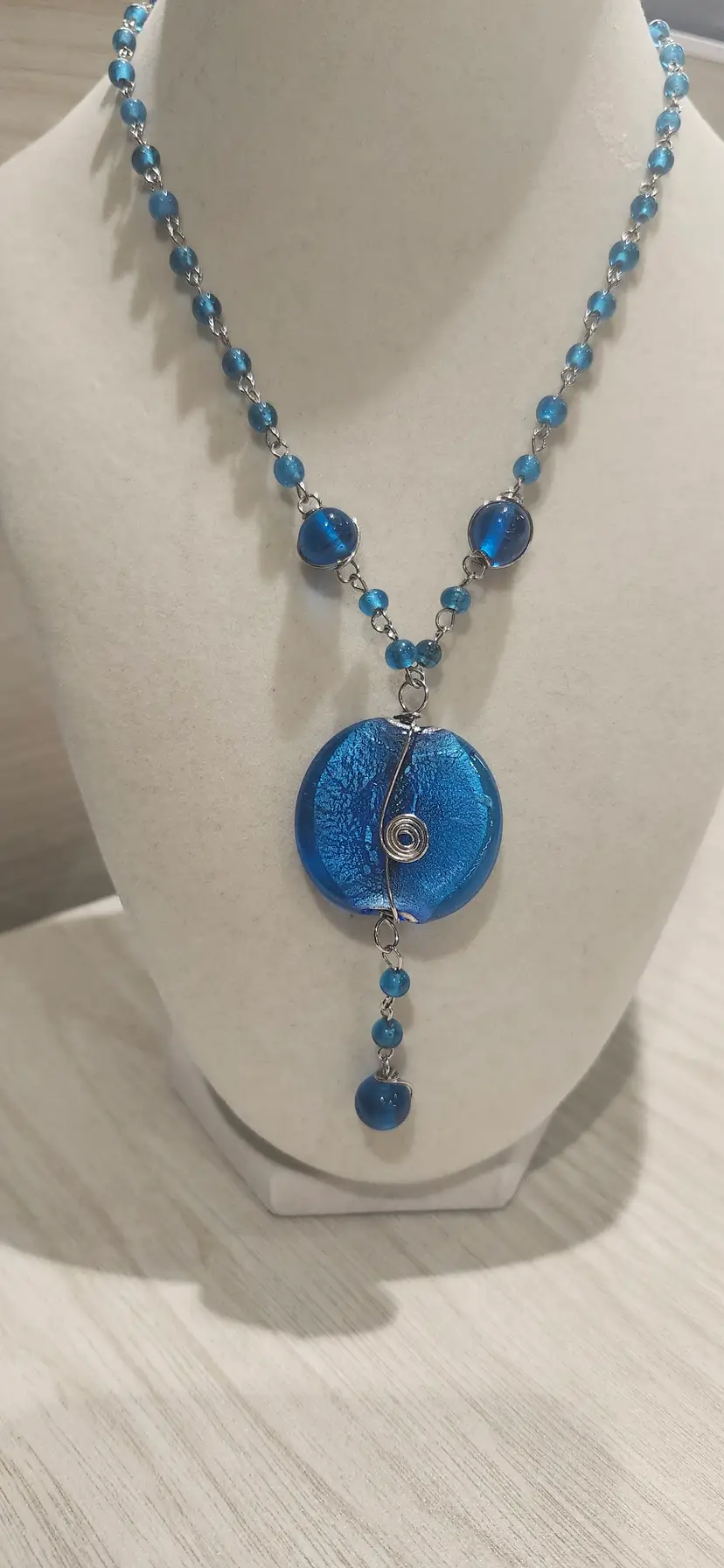 Blue Glass Pendant Necklace with Wire Wrap