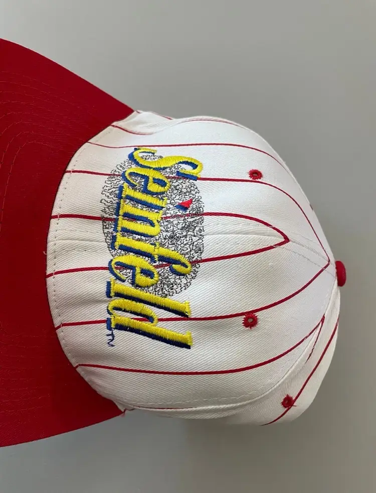 Vintage KC Caps Seinfeld TV Show Logo Snapback Hat White Pinstripe 1990s RARE!!