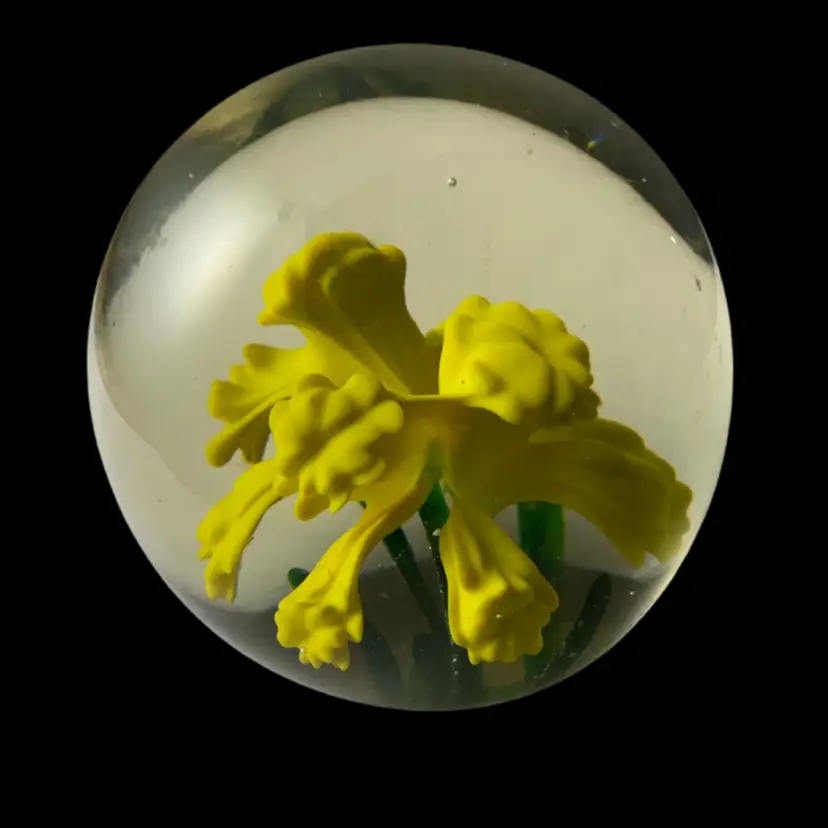 #26 Unknown Kiln Yellow Flowers In Clear 2.5” X 2.5”
