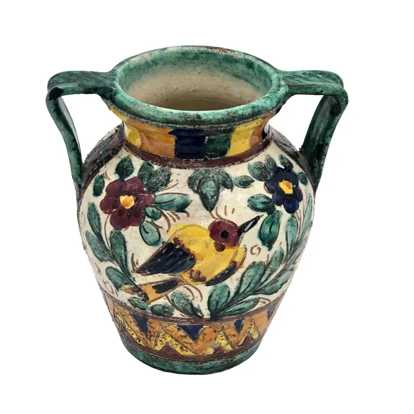 Pitcher Pottery Antique Italy Majolica Tin Glazed Urn/Vase Art Pottery - Birds and Floral Design ltd time sale