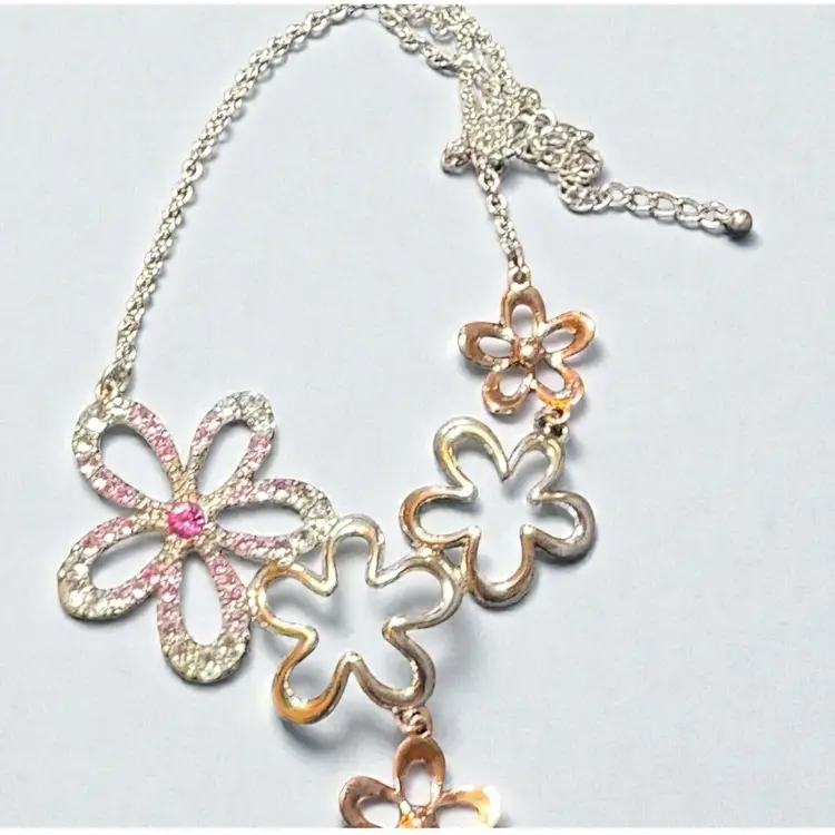 Contemporary Pink & Clear  Rhinestone Bib Style Silver & Gold Tone Necklace 16”