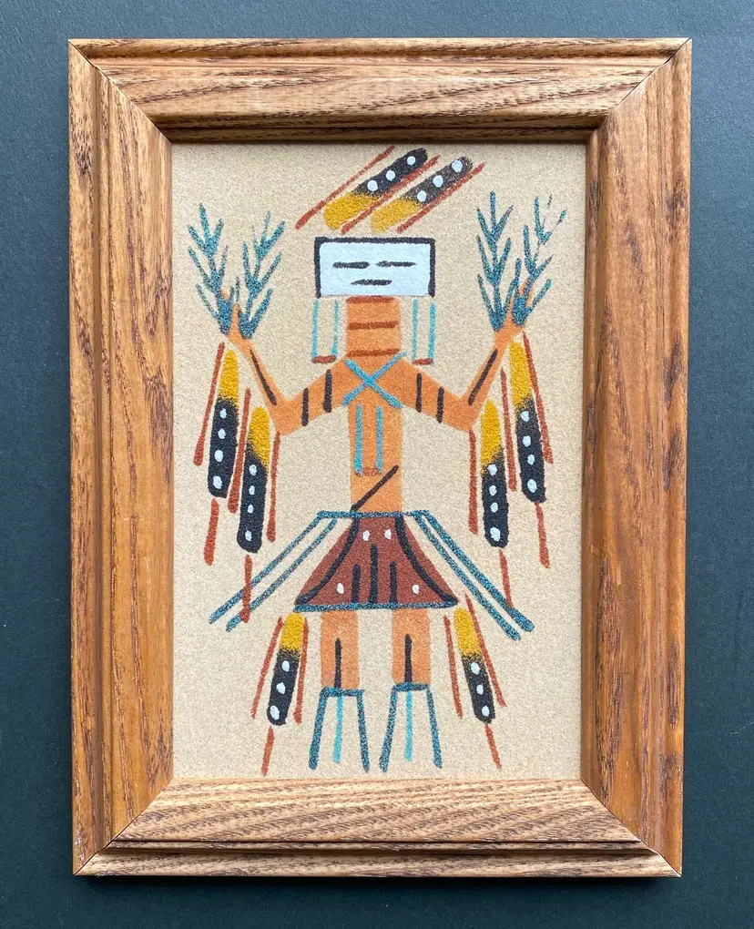 NAVAJO SANDPAINTING WOOD FRAMED 5 1/2" x 7 1/2"