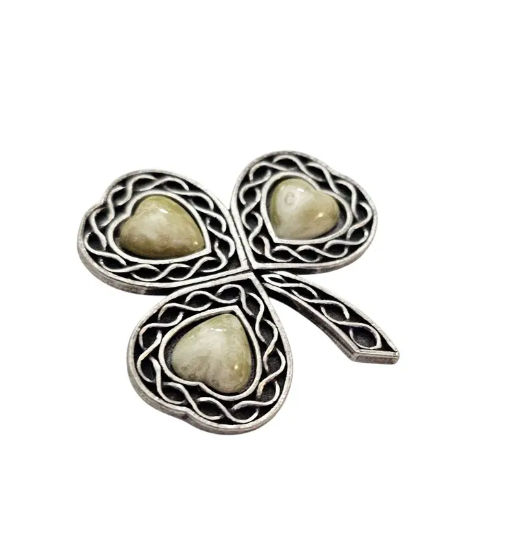 Sol D'Or Silver Tone Shamrock Heart Shaped Stone Pin, Signed