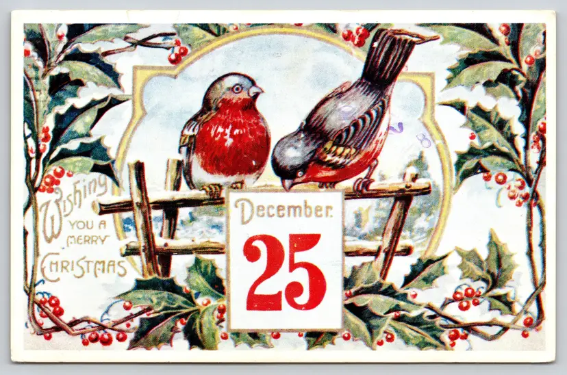 Postcard Wish You A Merry Christmas Blue Birds on Fence Winter Holly Scene Snowy - 14644