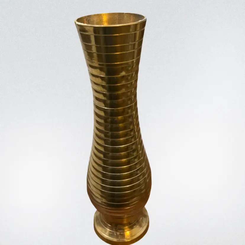 MCM Ribbed Brass Pedestal Vase 8”
