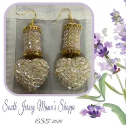 Vintage Handmade Gold Tone With Sequins Dangle Heart Pierced Earrings