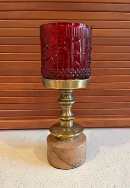 Brass & Wood Pillar Candle Holder