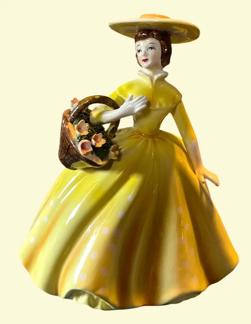 Vintage Lefton Lady Figurine Yellow Dress Ceramic Porcelain Planter Made Japan