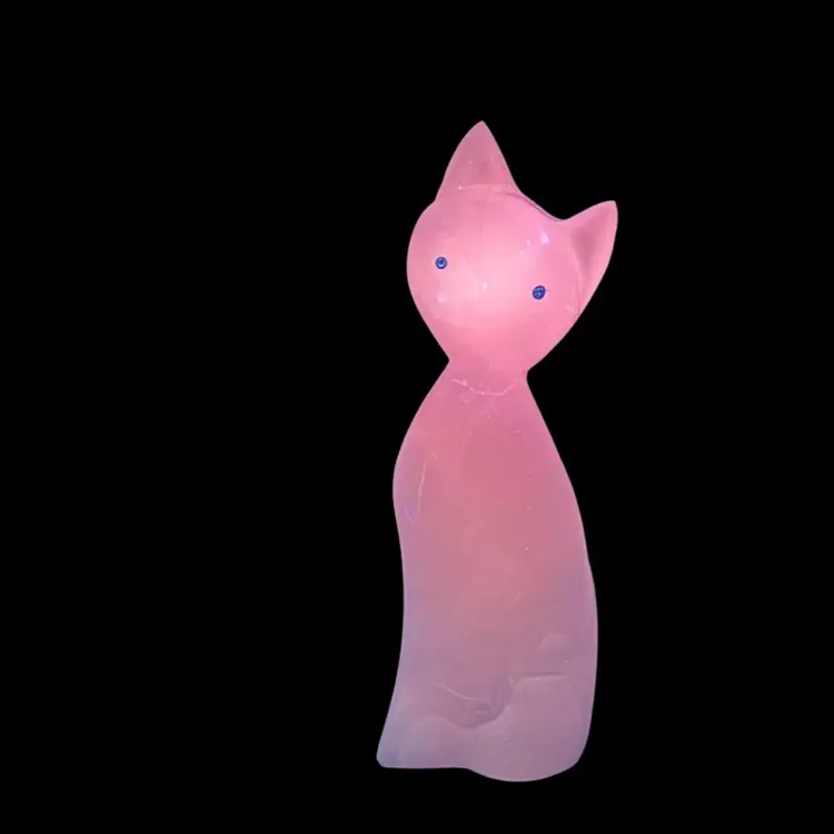 Carved White Stone Modernist Sitting Cat Figurine Painted Eyes Selenium Glow Alabaster?
6-3/4” T x 2-1/4” W