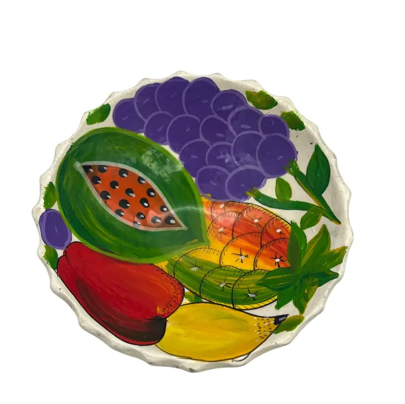 Mexican Hand Painted Terracotta Fruit Bowl 5.25" Tripod Footed Dish Papaya Mango Grapes Folk Art Colorful Kitchen Decor