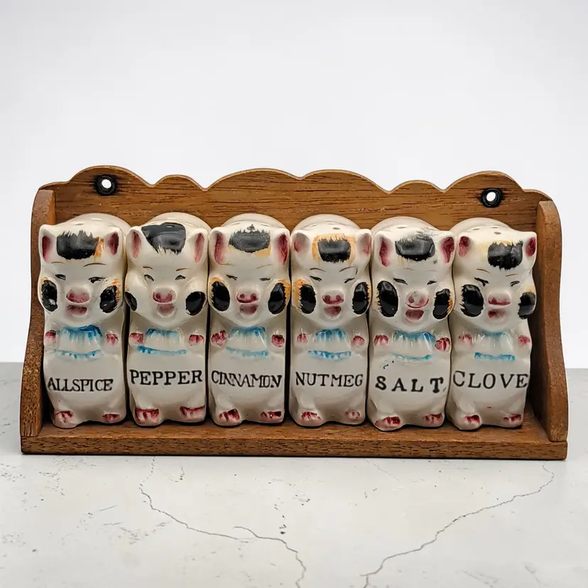 Pig Spice Ceramic Jar Set w/Wood Rack 6 Jars Vintage 1950s Japan Cute
