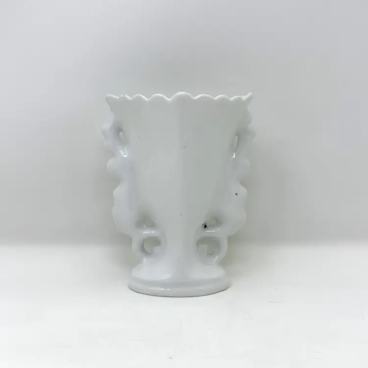 White Porcelain Altar Vase – Ornate Floral Wedding or Communion Decor, 5.5” Vintage Marriage Vase (0330-25)